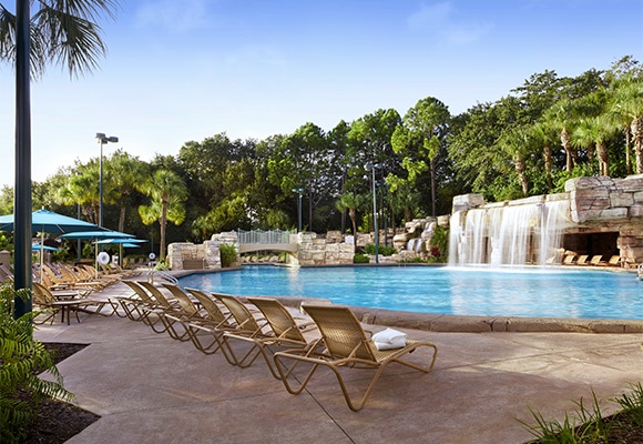Grotto Pool with Chairs, Umbrellas and Cascade